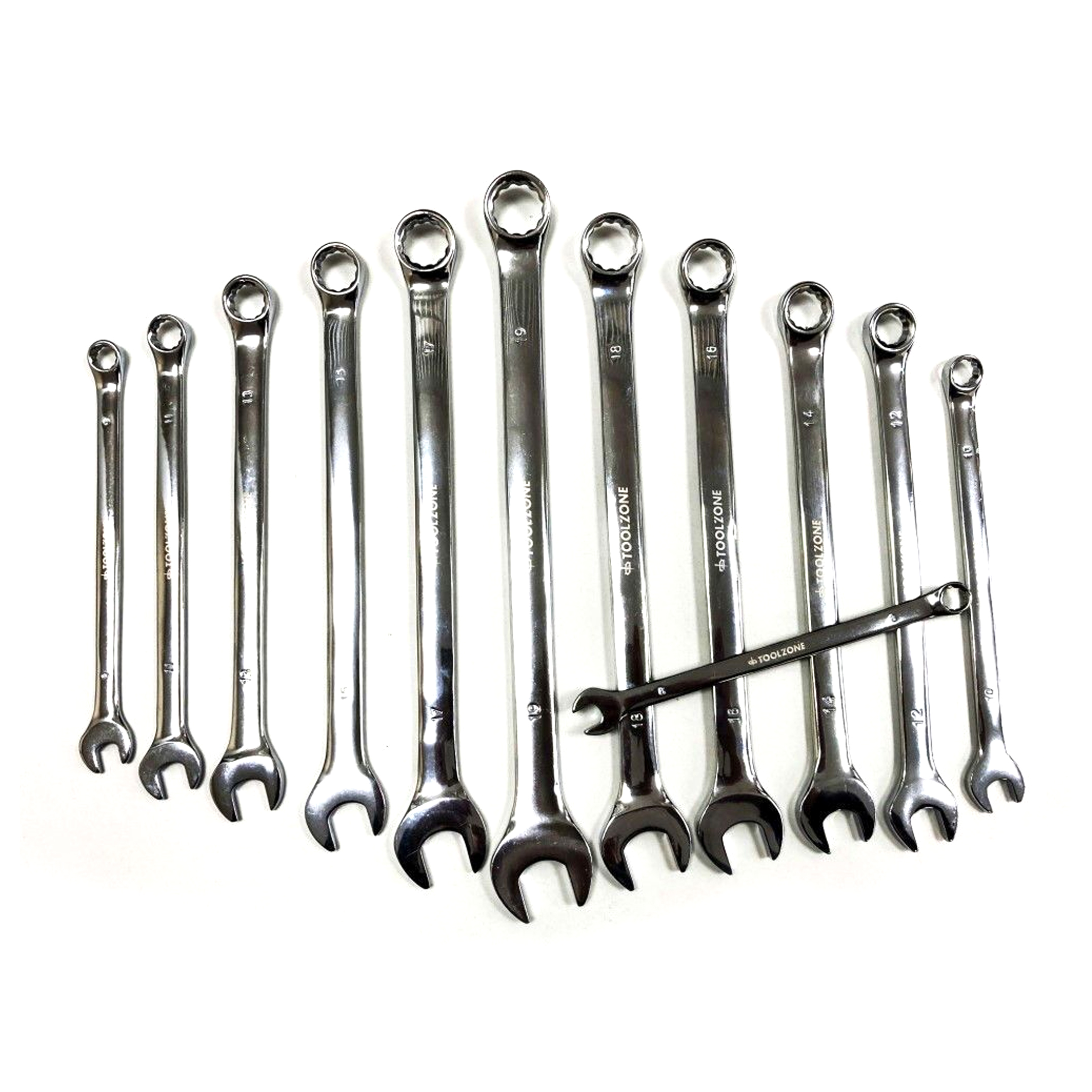 COMBINATION SPANNER SET 12pc EXTRA LONG 8-19mm CHROME VANADIUM IN POUCH - TOOLZONE KDPSP174 image 1