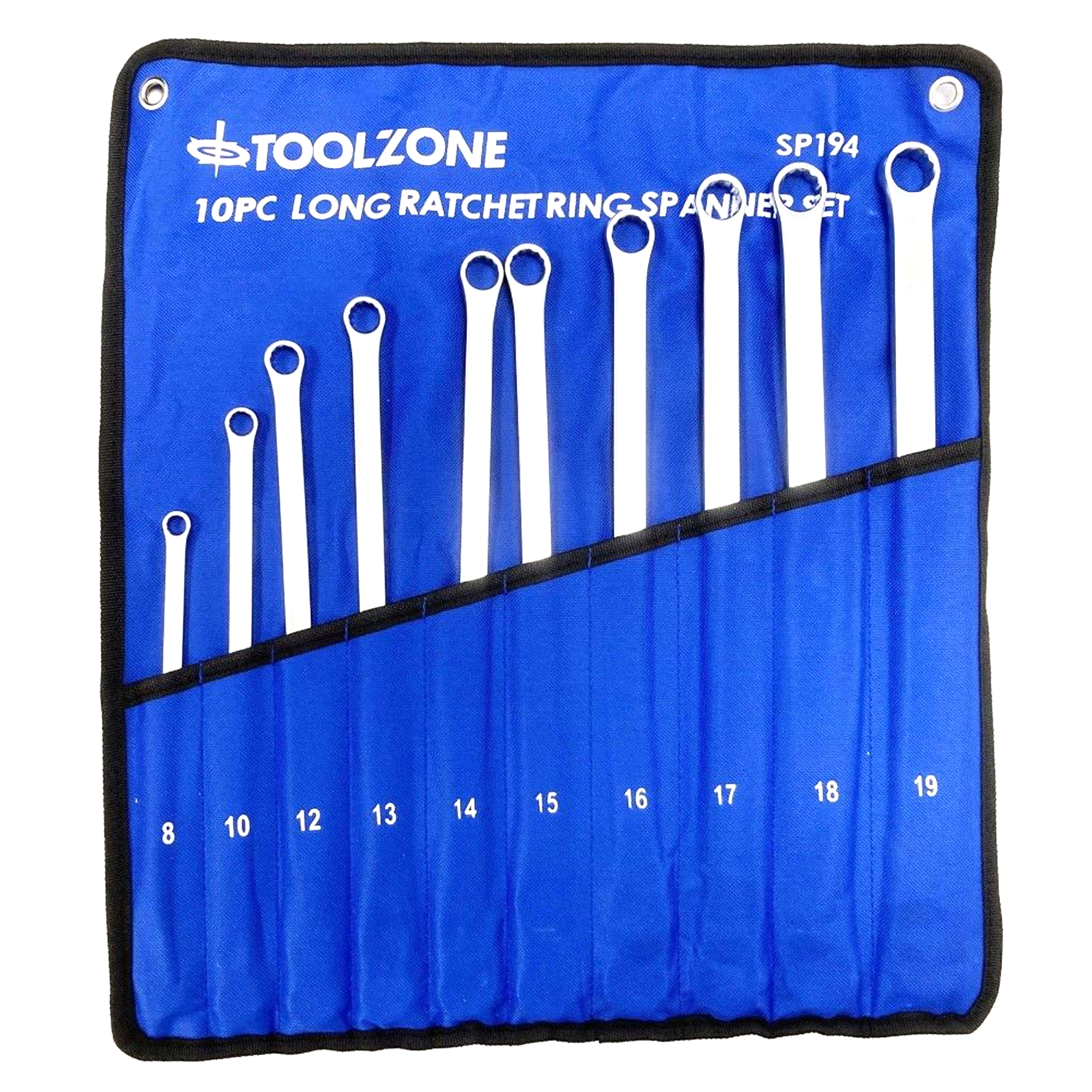 RATCHET SPANNER SET LONG 10pc 8-19mm 72 TEETH 6150CRV MIRROR POLISH - TOOLZONE KDPSP194 image 1