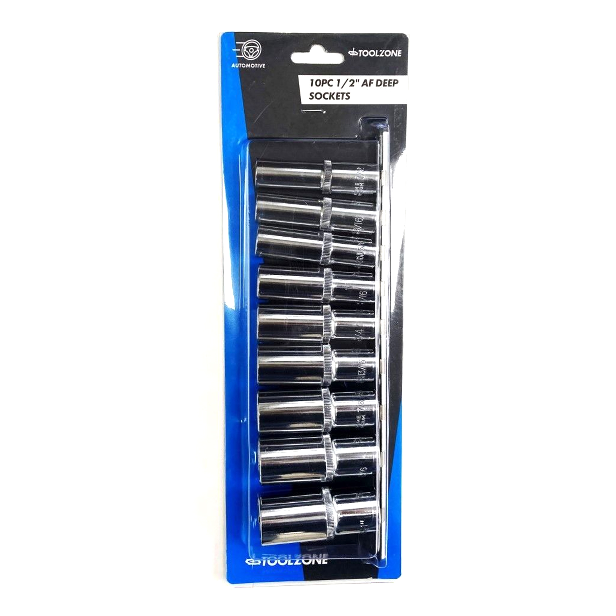 SOCKET SET DEEP 1/2 DRIVE AF 10 PIECES CRV POLISHED - TOOLZONE KDPSS219 image 1