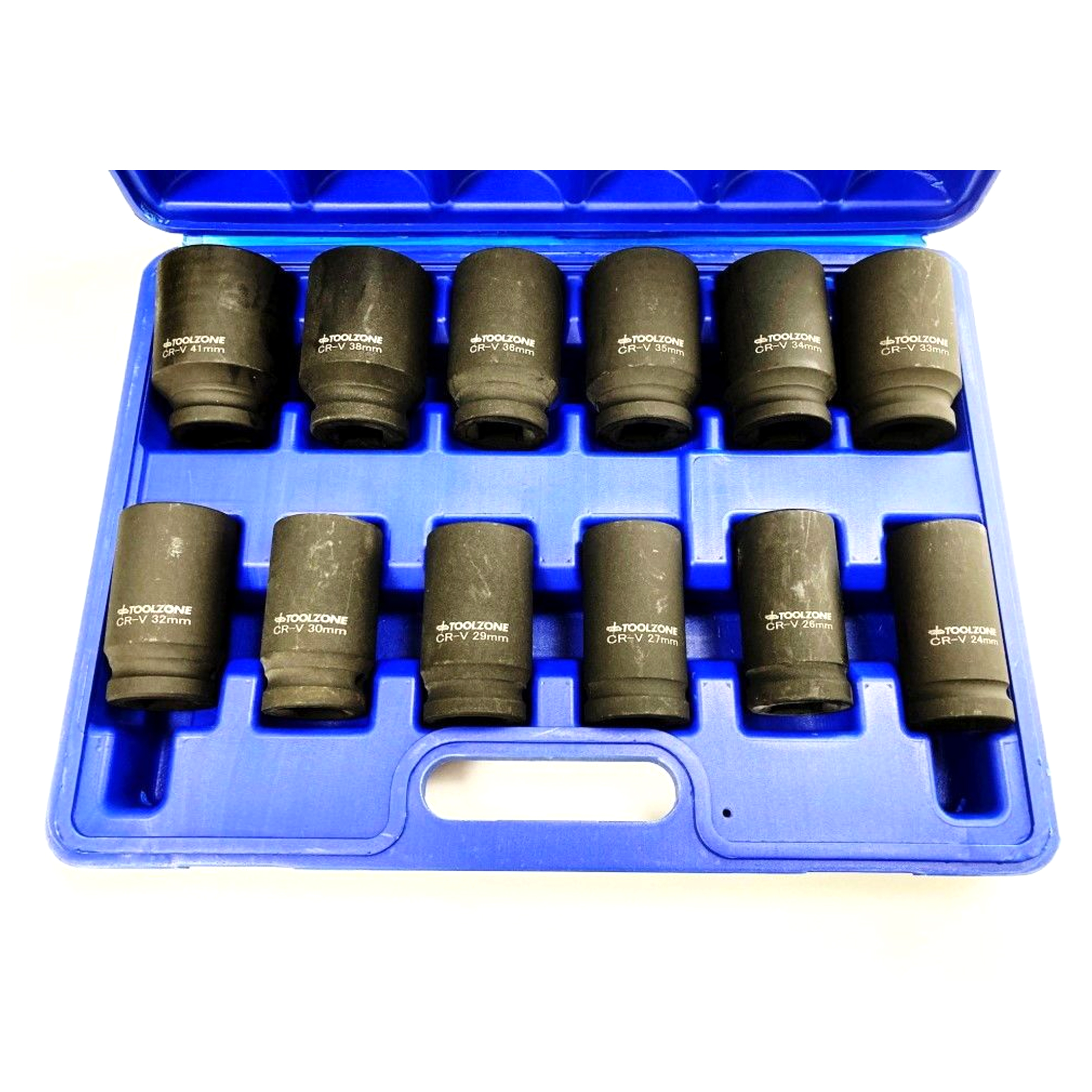 IMPACT SOCKET SET DEEP 3/4 DRIVE 12 PIECES 24mm-41mm CRV 80mm BLACK FINISH - TOOLZONE KDPSS235