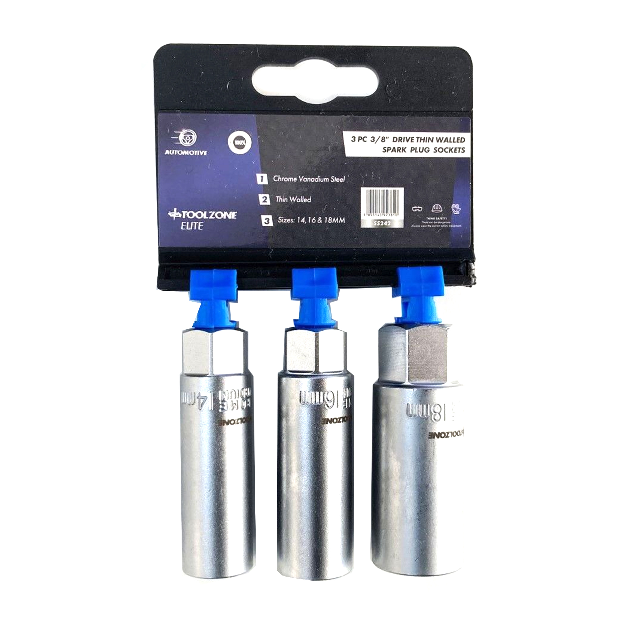 SPARK PLUG SOCKET SET 3/8 DRIVE 3 PIECES 14mm 16mm 18mm THIN WALL SATIN FINISH - TOOLZONE KDPSS242 image 1