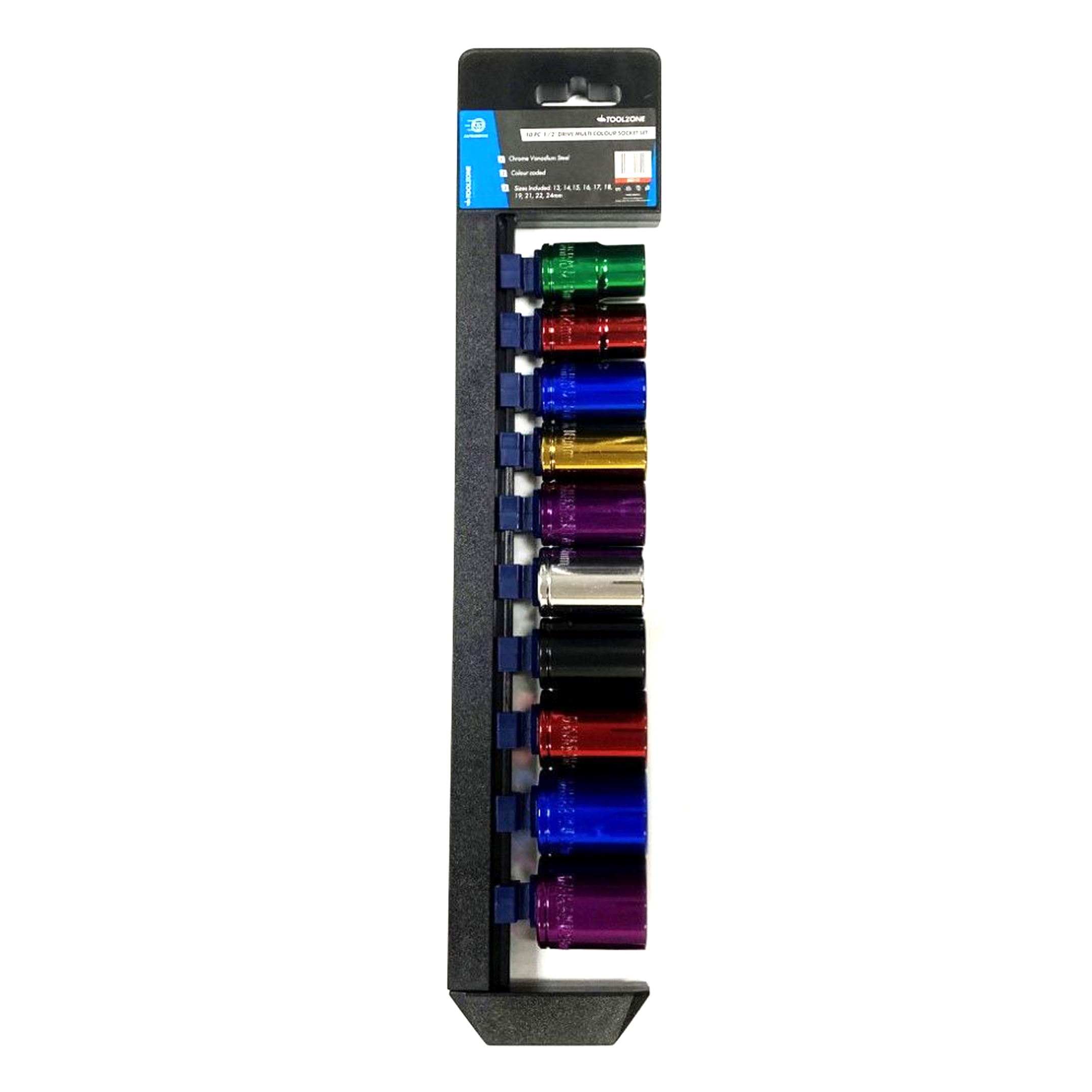 SOCKET SET 10 PIECES 1/2 DRIVE MM CRV COLOUR CODED 13mm-24mm - TOOLZONE KDPSS313 image 1