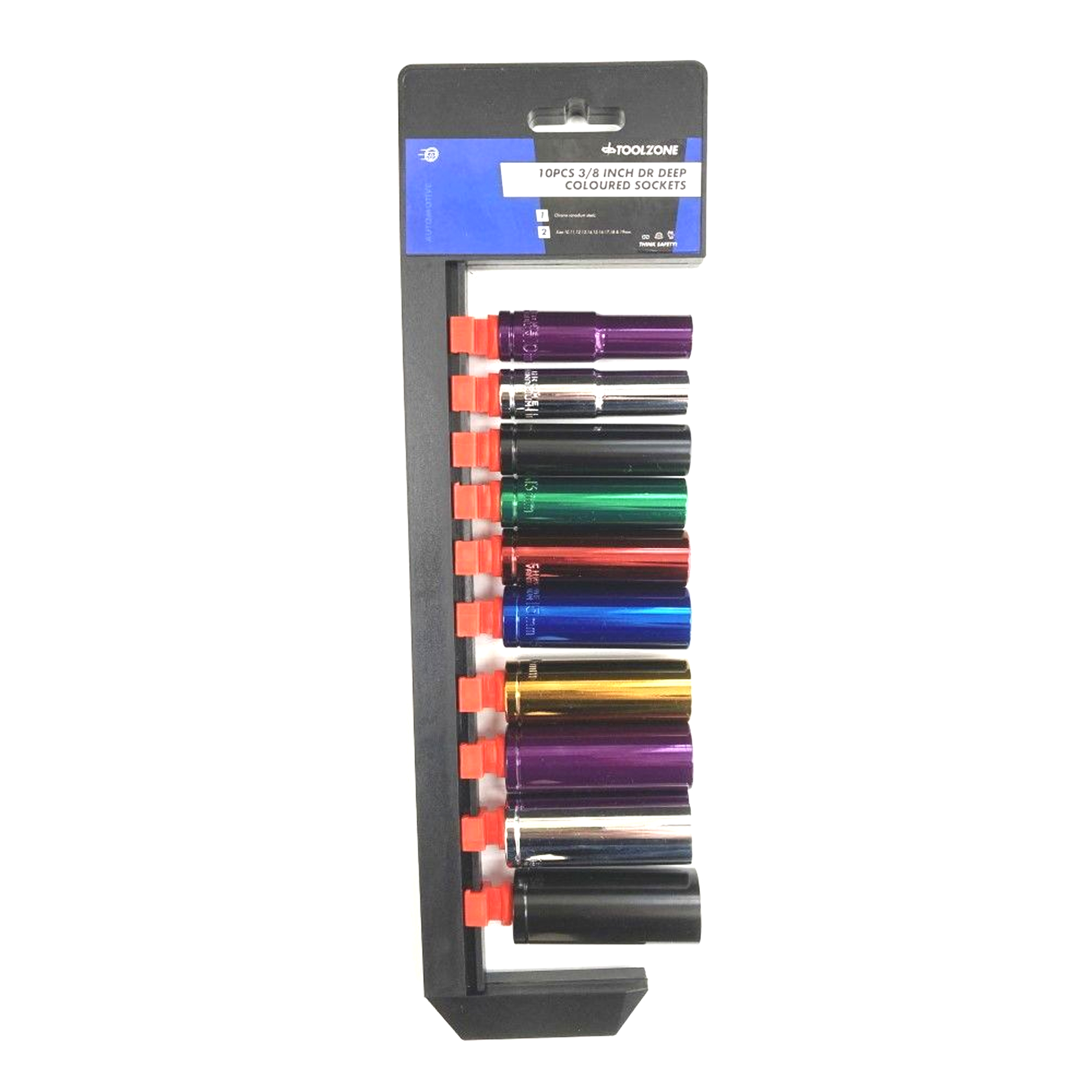 DEEP SOCKET SET 10 PIECES 3/8 DRIVE MM CRV COLOUR CODED 10mm-19mm - TOOLZONE KDPSS315 image 1