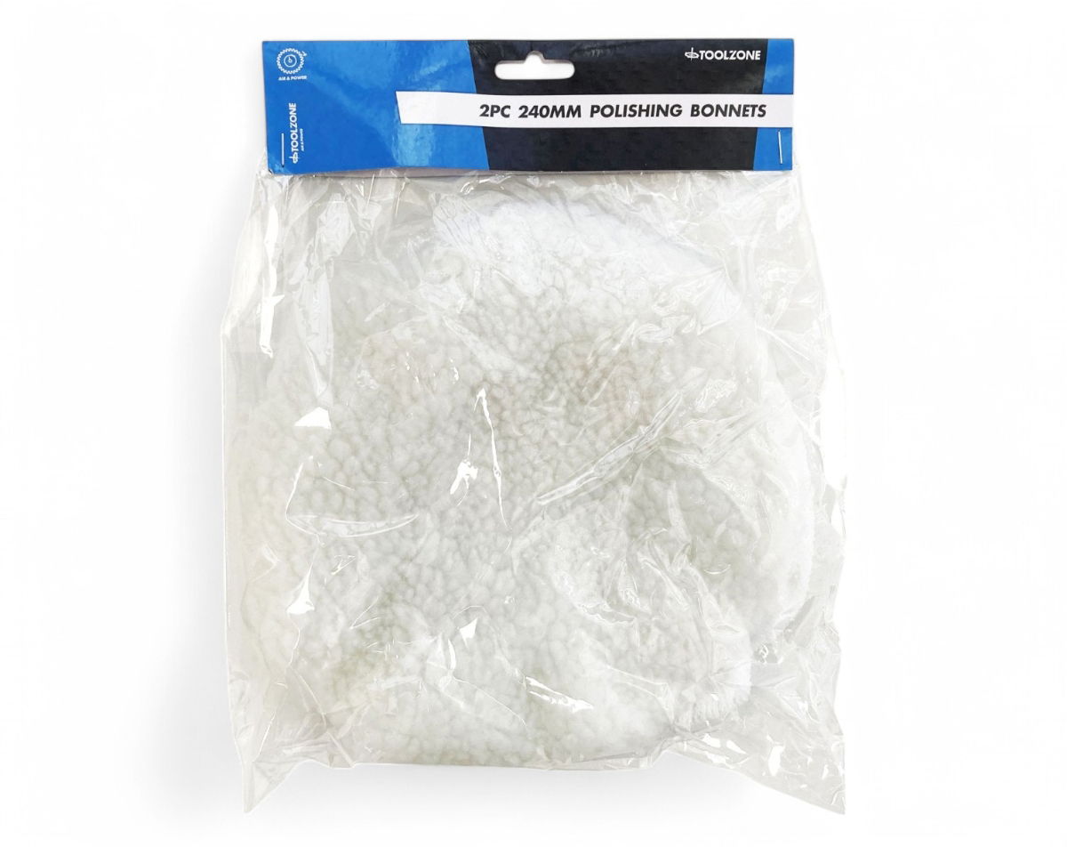 POLISHING BONNETS 2PC 240mm SIMULATED LAMBS WOOL AND TERRY CLOTH - TOOLZONE KDPAB008 thumbnail 2