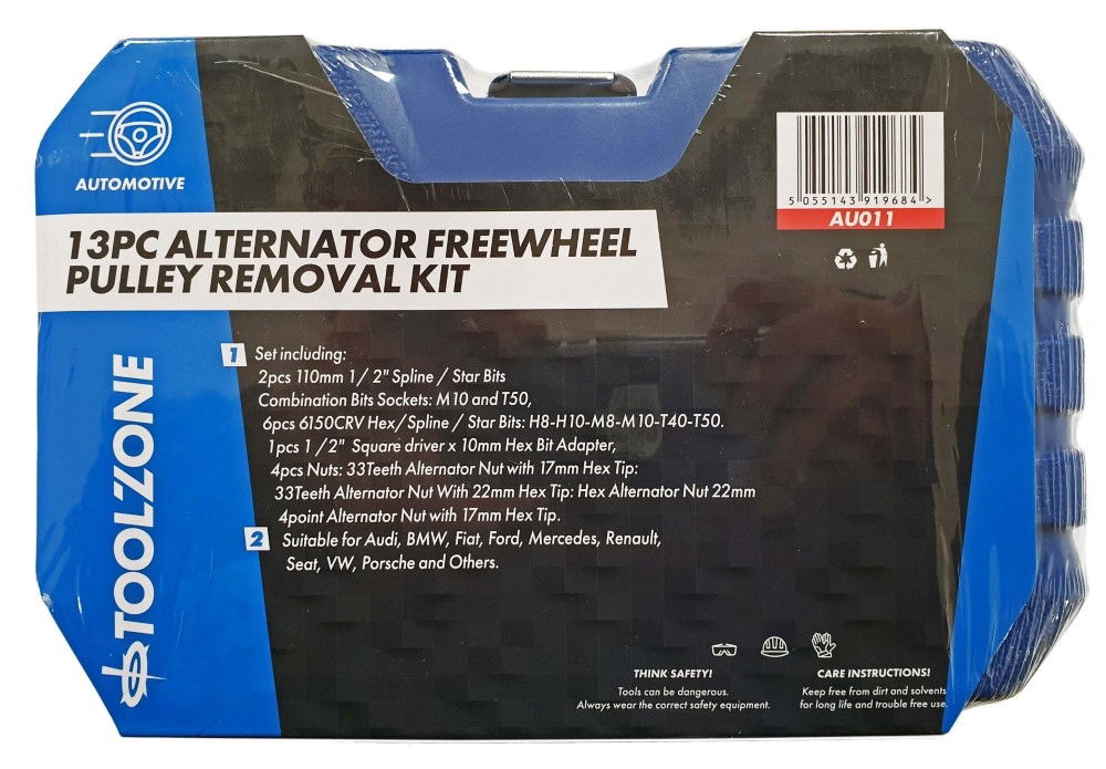 ALTERNATOR FREEWHEEL PULLEY REMOVAL SET 13pc WITH BIT SOCKETS - TOOLZONE KDPAU011 thumbnail 3