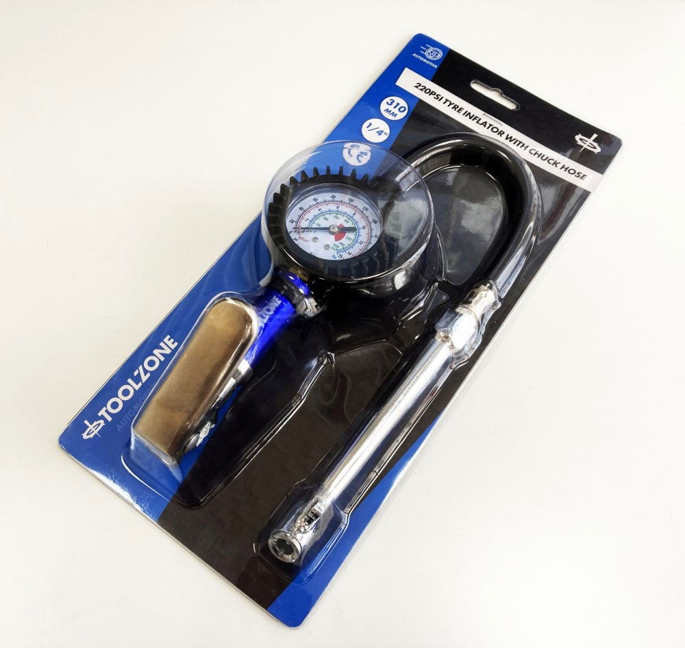 TYRE INFLATOR WITH CHUCK HOSE 220psi 1/4 AIR INLET 310mm HOSE - TOOLZONE KDPAU361 thumbnail 5