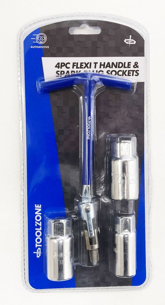 FLEX T HANDLE AND SPARK PLUG SOCKET SET 4pc 16mm 18mm 21mm - TOOLZONE KDPAU363 image 1