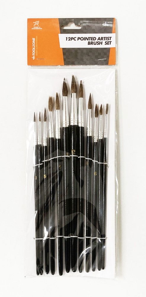 ARTIST BRUSHES 12PC POINTED SIZES 1-12 WOOD HANDLE - TOOLZONE KDPBR012 thumbnail 2