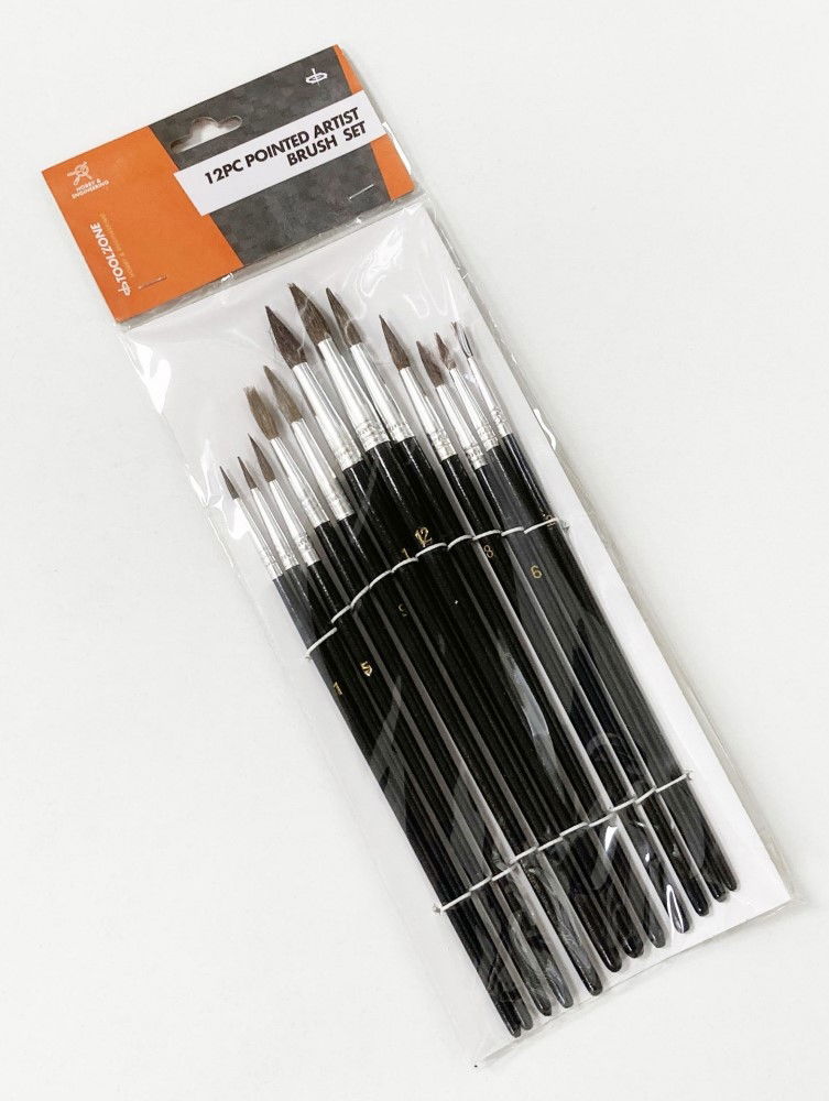 ARTIST BRUSHES 12PC POINTED SIZES 1-12 WOOD HANDLE - TOOLZONE KDPBR012 thumbnail 3
