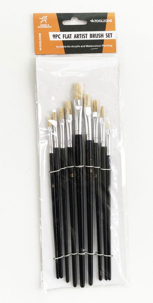 ARTIST BRUSHES 9PC FLAT SIZES 0-16 WOOD HANDLE - TOOLZONE KDPBR013 thumbnail 2