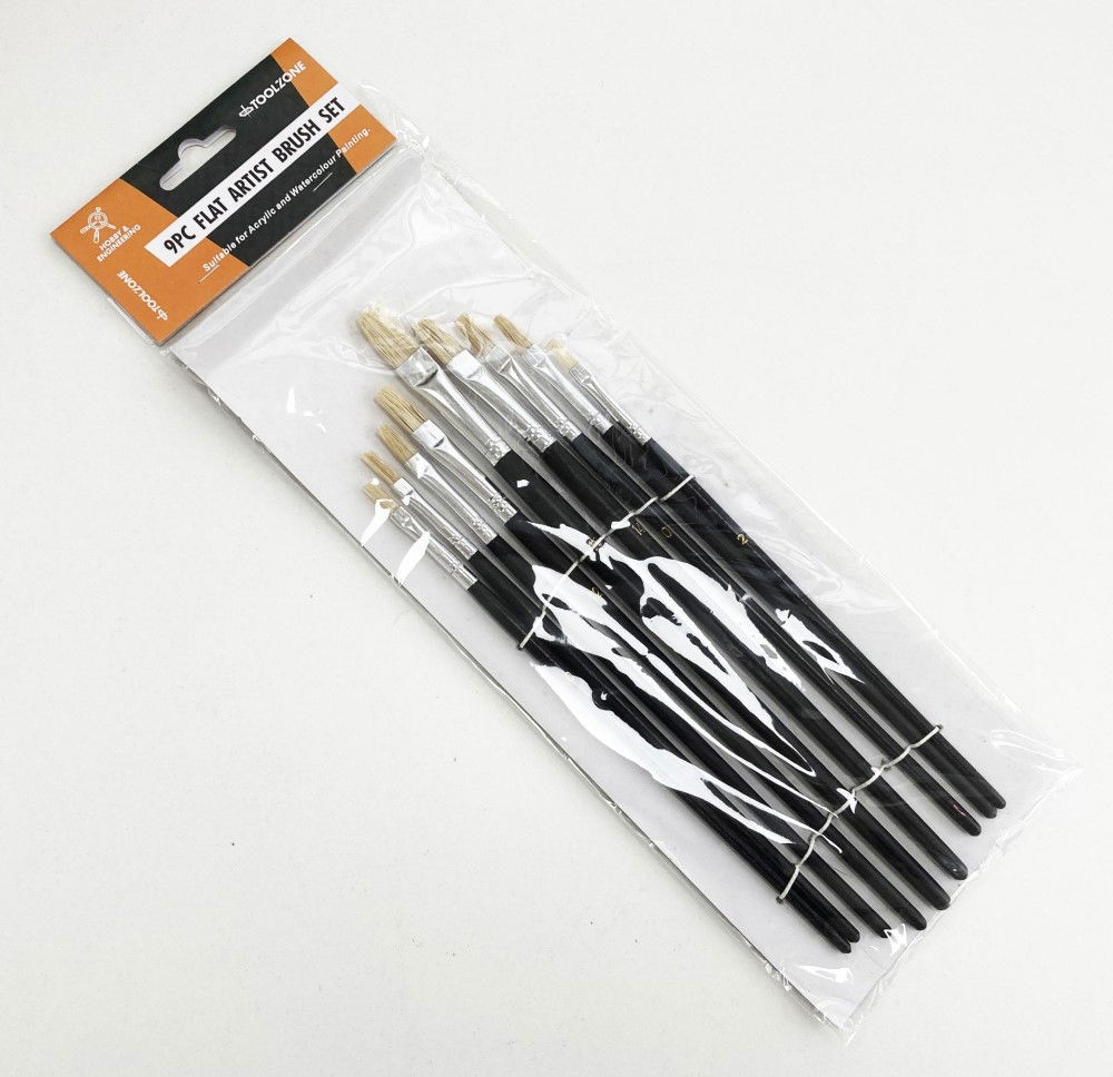 ARTIST BRUSHES 9PC FLAT SIZES 0-16 WOOD HANDLE - TOOLZONE KDPBR013 thumbnail 3
