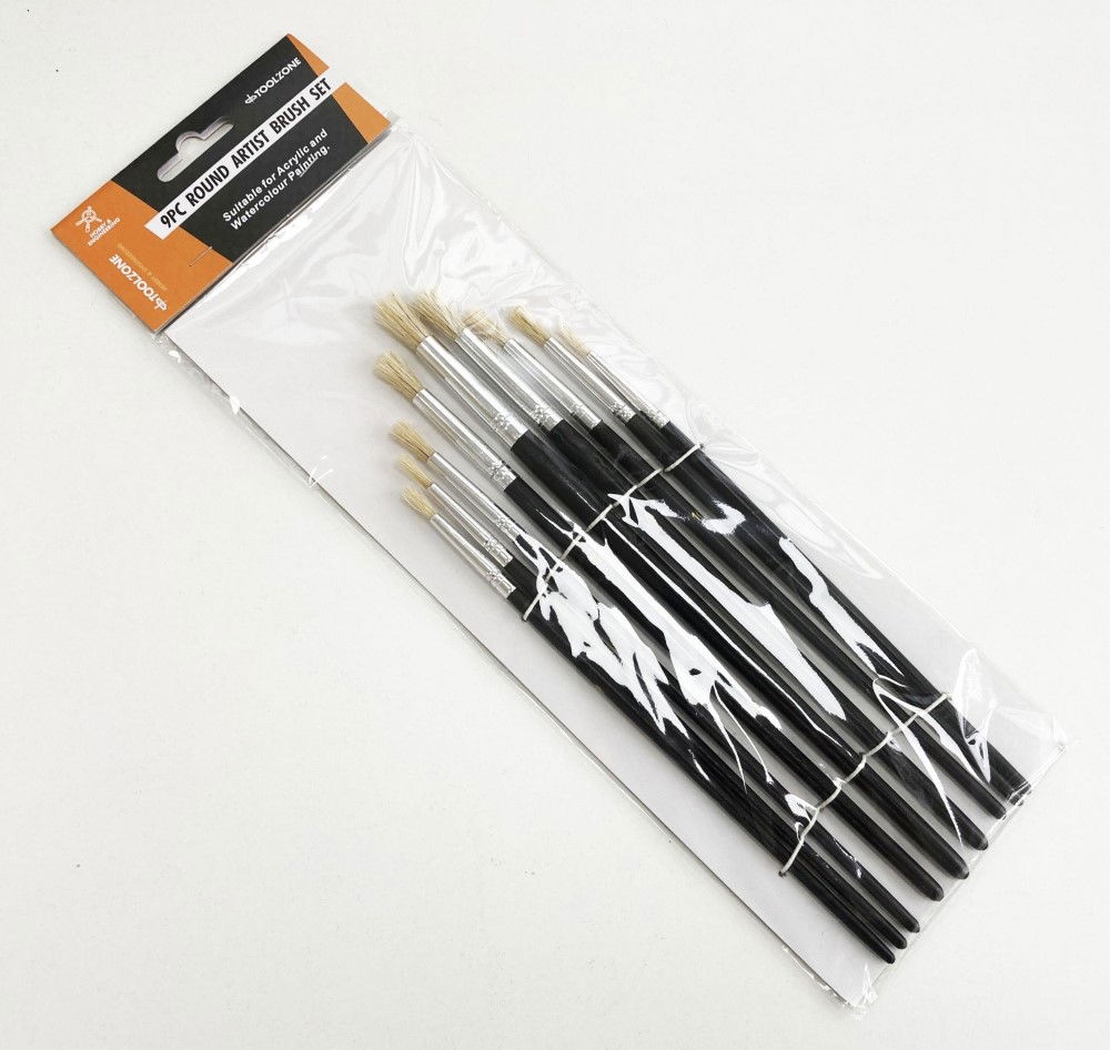 TOUCH UP PAINT BRUSH ARTIST BRUSHES 9PC ROUND SIZES 0-16 WOOD HANDLE - TOOLZONE KDPBR014 thumbnail 2