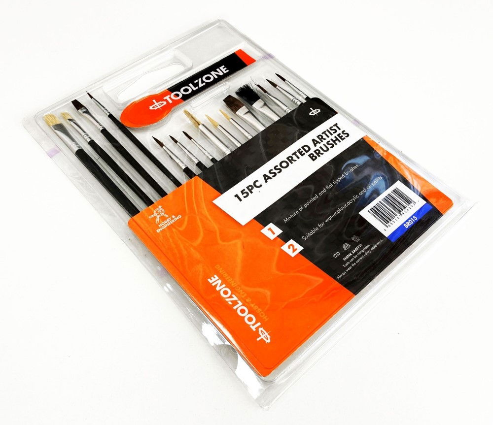 ARTIST BRUSHES 15PC ASSORTED FLAT POINTED ROUND - TOOLZONE KDPBR015 thumbnail 2