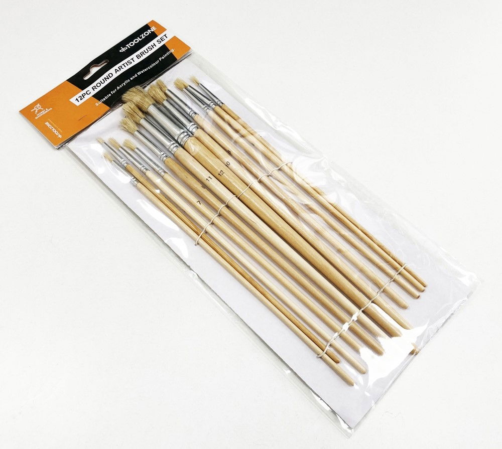 ARTIST BRUSHES 12PC JUMBO ROUND SIZES 1-12 WOOD HANDLE - TOOLZONE KDPBR016 thumbnail 2