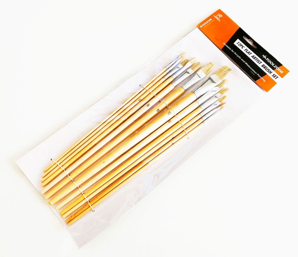 ARTIST BRUSHES 12PC JUMBO FLAT SIZES 1-12 WOOD HANDLE - TOOLZONE KDPBR017 thumbnail 2