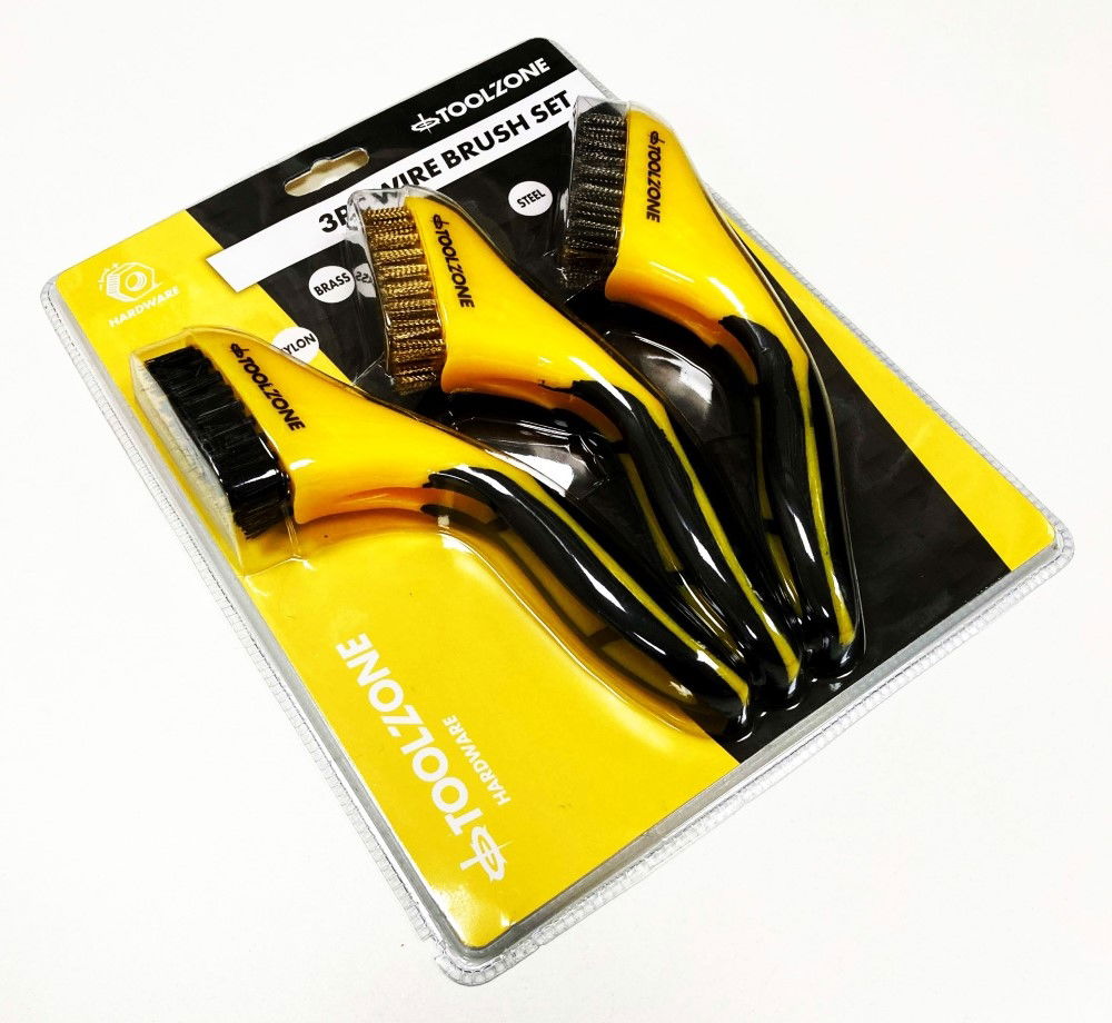 WIRE BRUSH SET 3PC WIDE 20cm STAINLESS STEEL NYLON BRASS - TOOLZONE KDPBR063 thumbnail 2