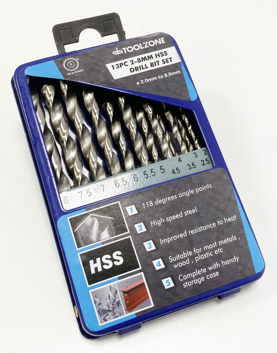 DRILL BIT SET 13PC HSS 2-8mm IN STORAGE TIN - TOOLZONE KDPDR027 thumbnail 2