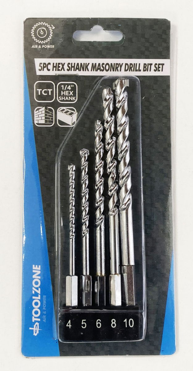 MASONRY DRILL BIT SET 5PC HEX SHANK 4-10mm TCT TIPPED - TOOLZONE KDPDR028 thumbnail 2