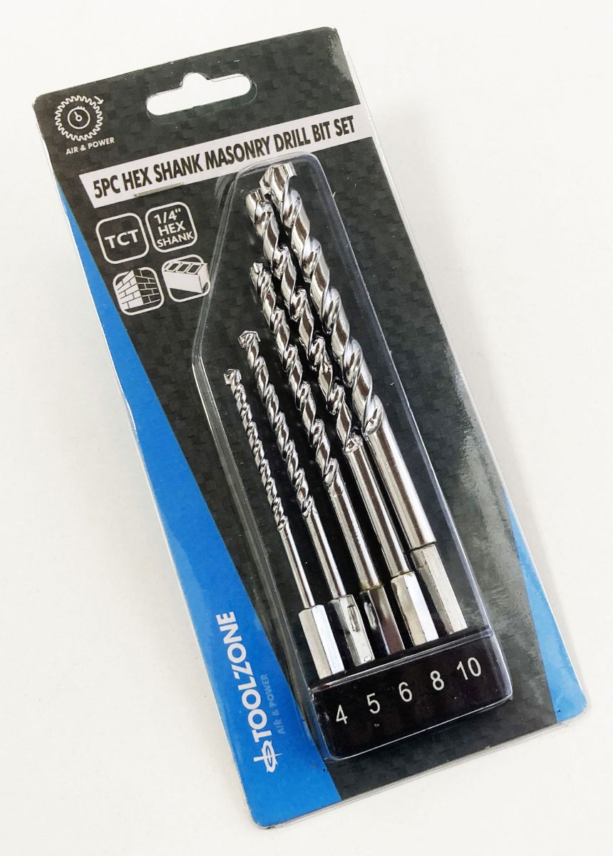 MASONRY DRILL BIT SET 5PC HEX SHANK 4-10mm TCT TIPPED - TOOLZONE KDPDR028 thumbnail 3