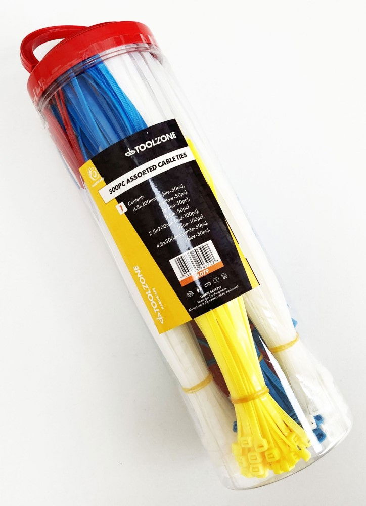 CABLE ZIP TIES MIXED LARGE 500PC 5 COLOURS 2.5x180mm 4.8x190mm 4.8x300mm - TOOLZONE KDPEL079 thumbnail 2