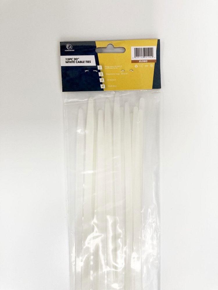 CABLE ZIP TIES 15PC 20 WHITE 7mm WIDE NYLON 66 - TOOLZONE KDPEL080 thumbnail 2
