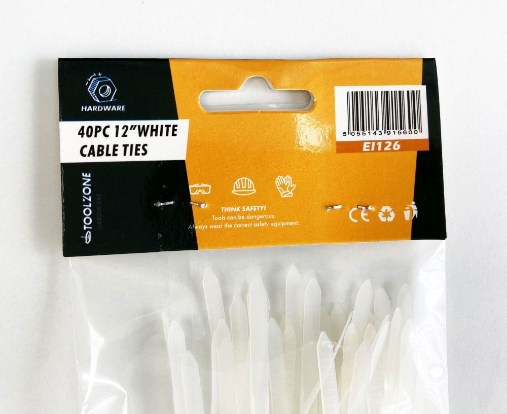 CABLE ZIP TIES 40PC 12 WHITE 4.8mm WIDE NYLON 40 - TOOLZONE KDPEL126 thumbnail 3