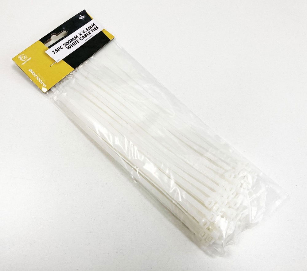 CABLE ZIP TIES 75PC 200mm x 4.5mm WHITE NYLON 40 - TOOLZONE KDPEL134 thumbnail 2