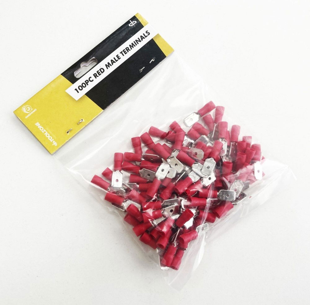 MALE TERMINALS 100PC RED SEMI INSULATED 22-16 awg 6.3mm x 0.4mm - TOOLZONE KDPEL138 thumbnail 2