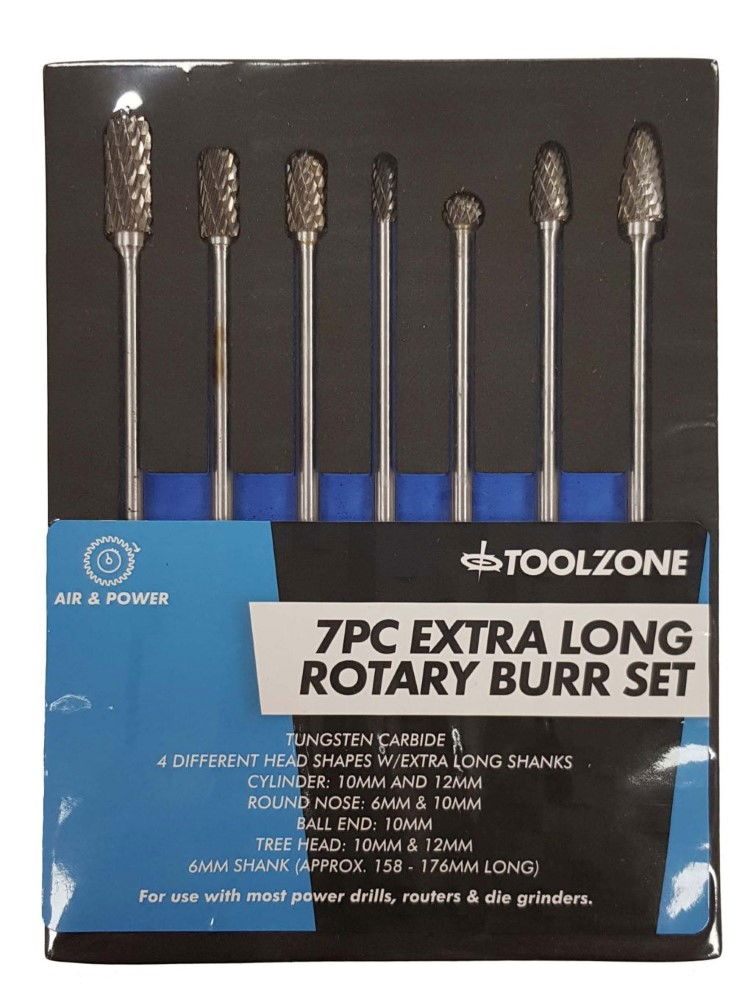 TUNGSTEN CARBIDE ROTARY BURRS SET 7 PIECE EXTRA LONG 6mm SHANK - TOOLZONE KDPHB096 image 1