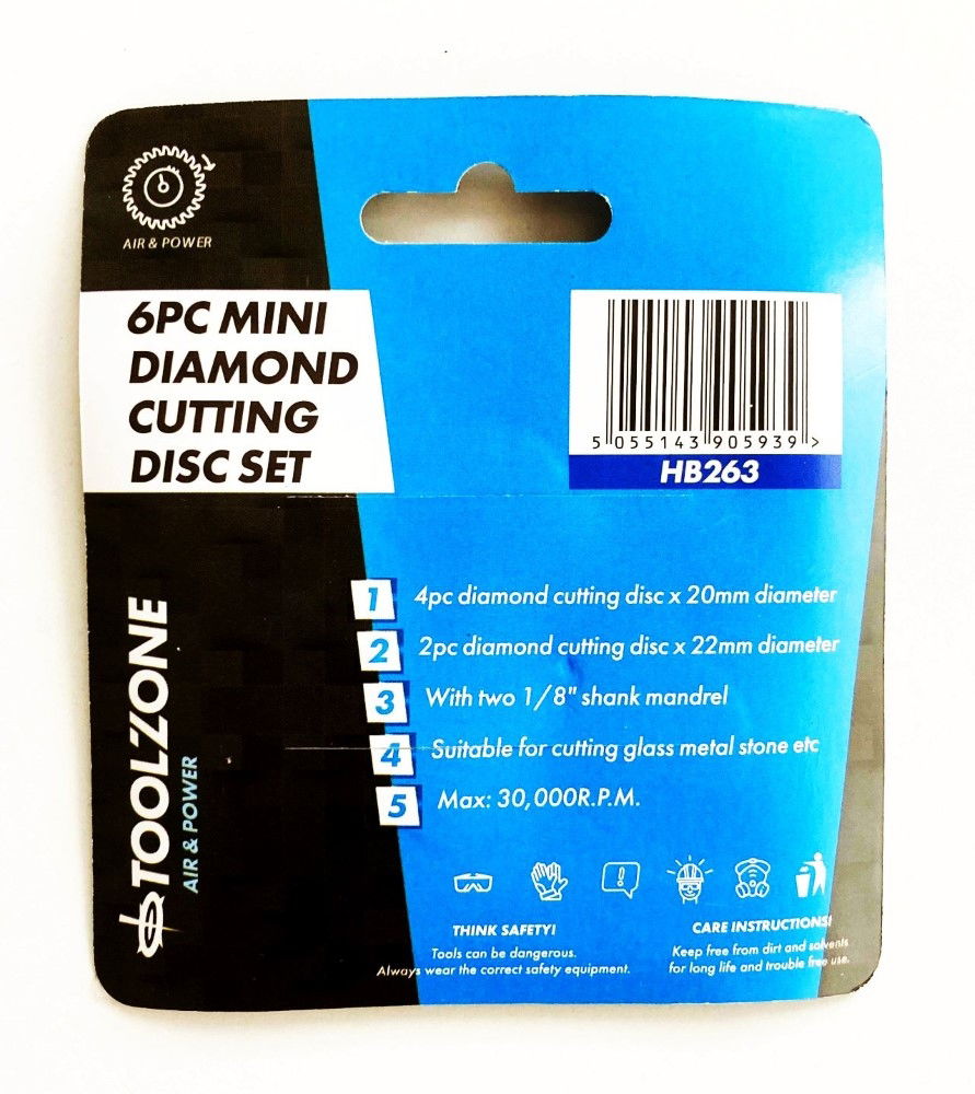 MINI DIAMOND CUTTING DISCS 6pc 20mm 22mm 3.2mm SHANK 0.65mm THICKNESS - TOOLZONE KDPHB263 thumbnail 3
