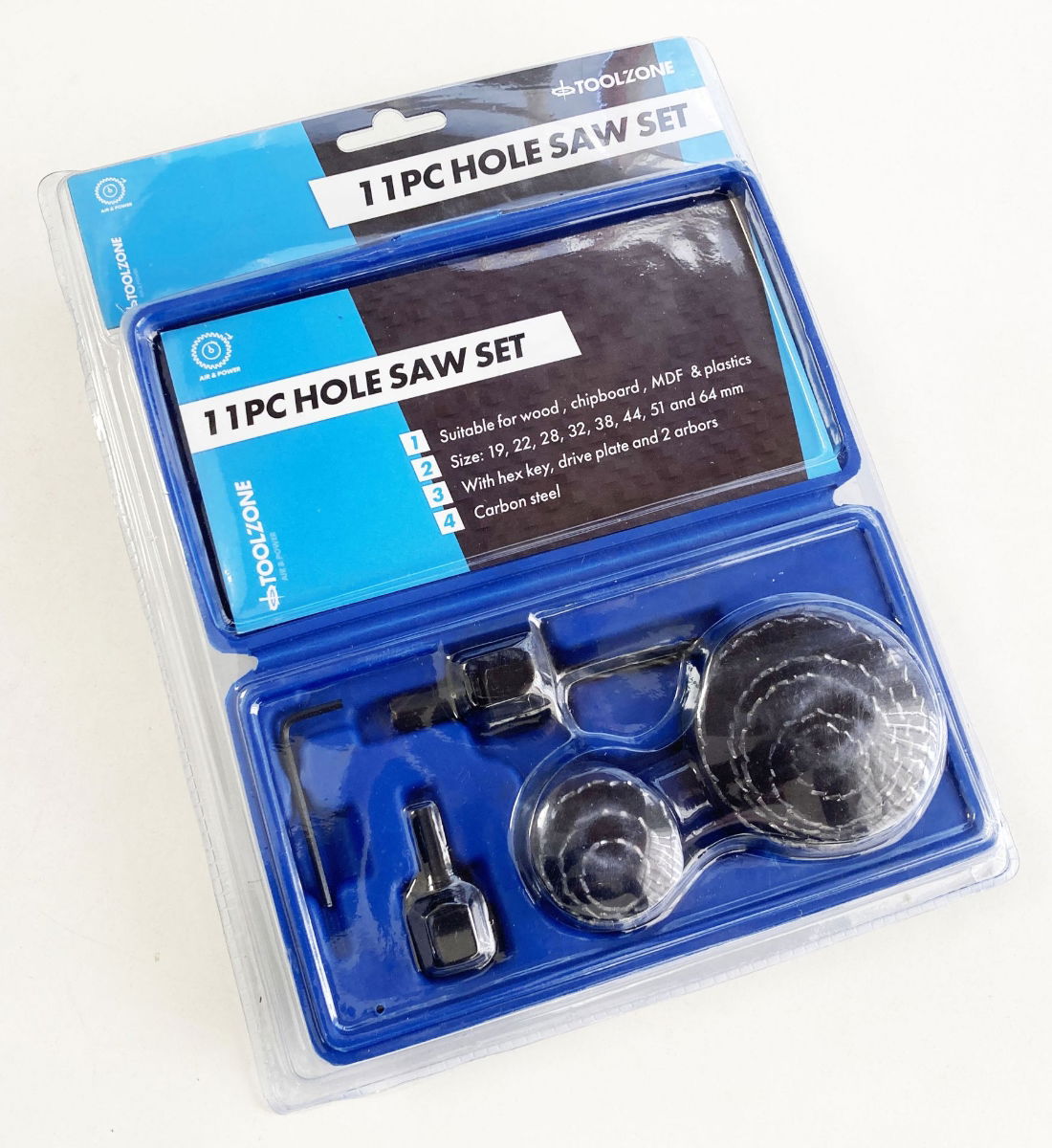 HOLE SAW SET 11pc CARBON STEEL SIZES 19-64mm - TOOLZONE KDPHS032 thumbnail 2