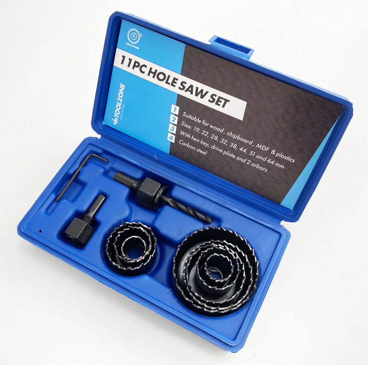 HOLE SAW SET 11pc CARBON STEEL SIZES 19-64mm - TOOLZONE KDPHS032 thumbnail 6