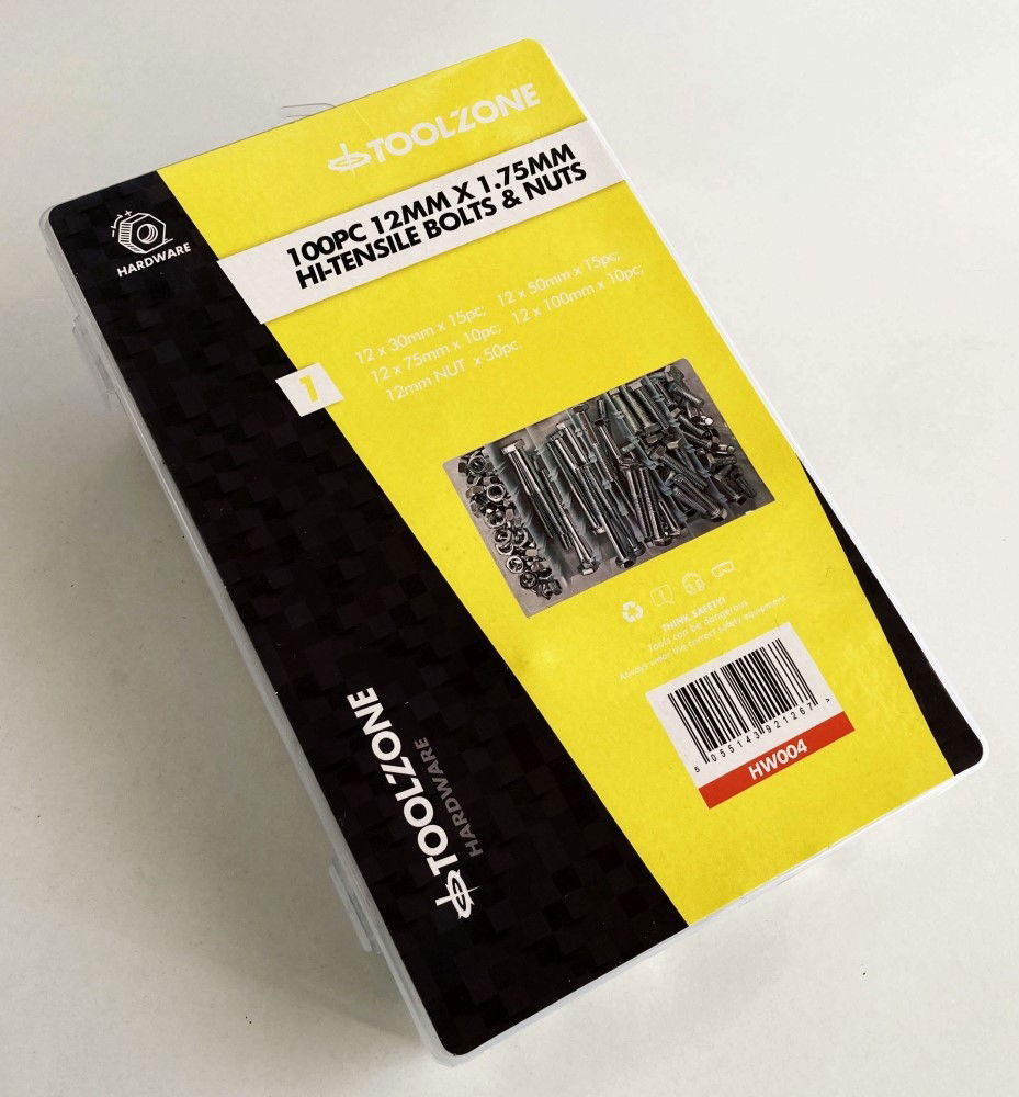 BOLTS AND NUTS ASSORTMENT 100pc 12mm M12 1.75mm PITCH - TOOLZONE KDPHW004 thumbnail 2