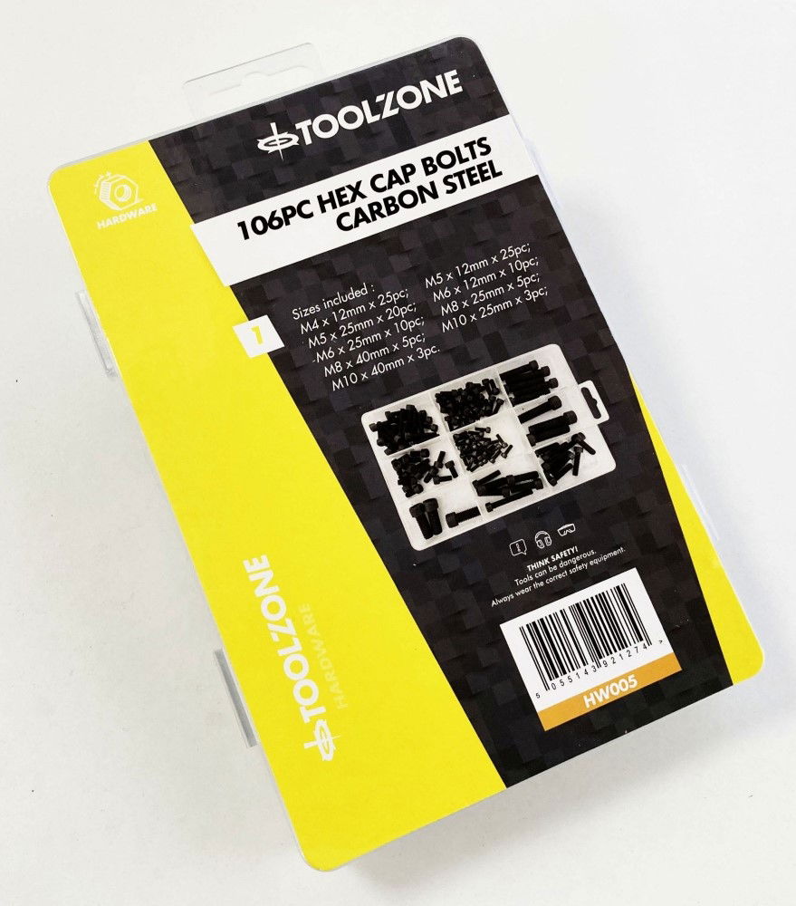 HEX CAP BOLTS ASSORTMENT 106pc CARBON STEEL M4-M10 - TOOLZONE KDPHW005 thumbnail 2