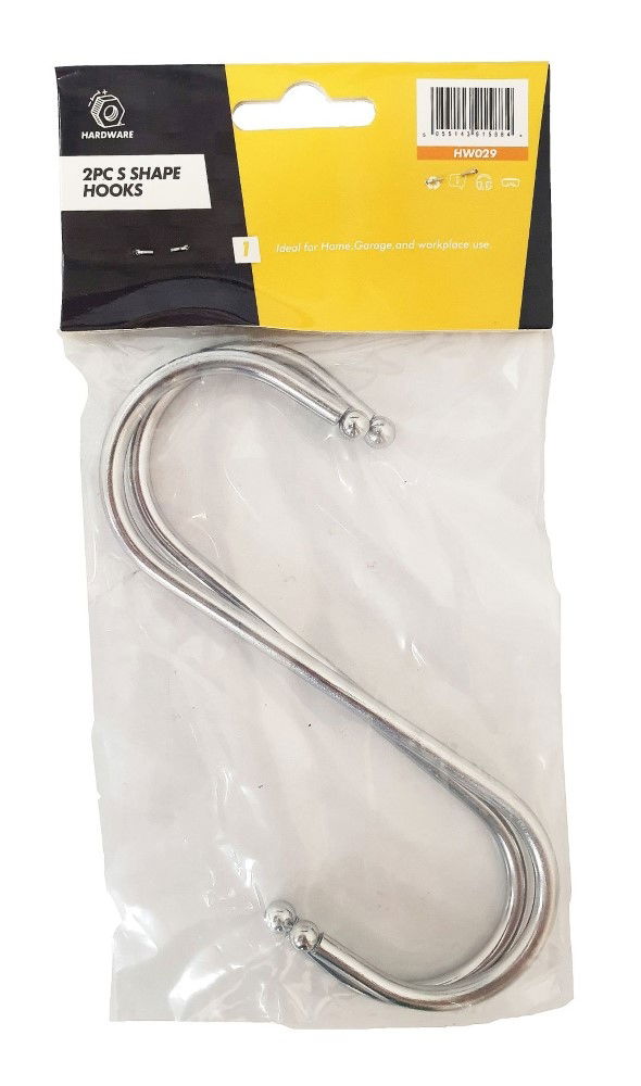 S HOOKS 2pc LARGE 160mm x 6mm CHROME PLATED STEEL BALL END - TOOLZONE KDPHW029 thumbnail 2