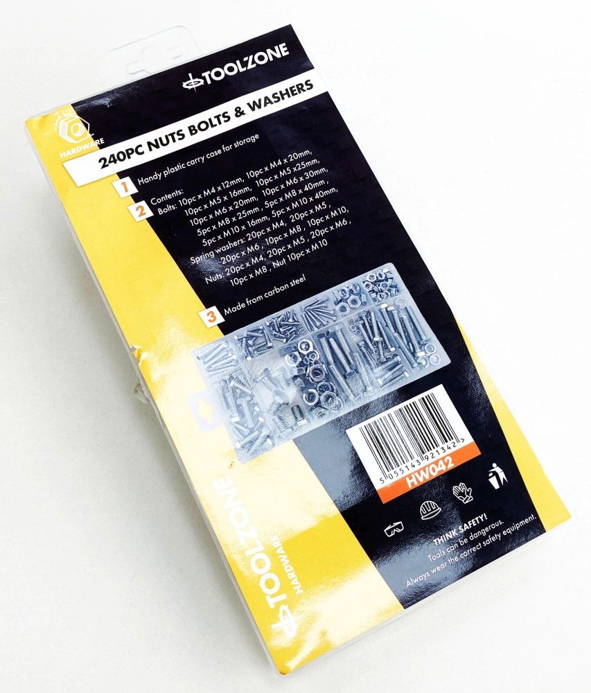 NUTS BOLTS AND WASHERS ASSORTMENT 240pc CARBON STEEL M4-M10 - TOOLZONE KDPHW042 thumbnail 2