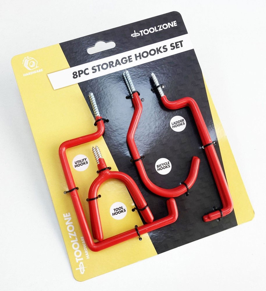 STORAGE HOOK SET 8pc RED PVC COATED ASSORTED SHAPES - TOOLZONE KDPHW061 thumbnail 2