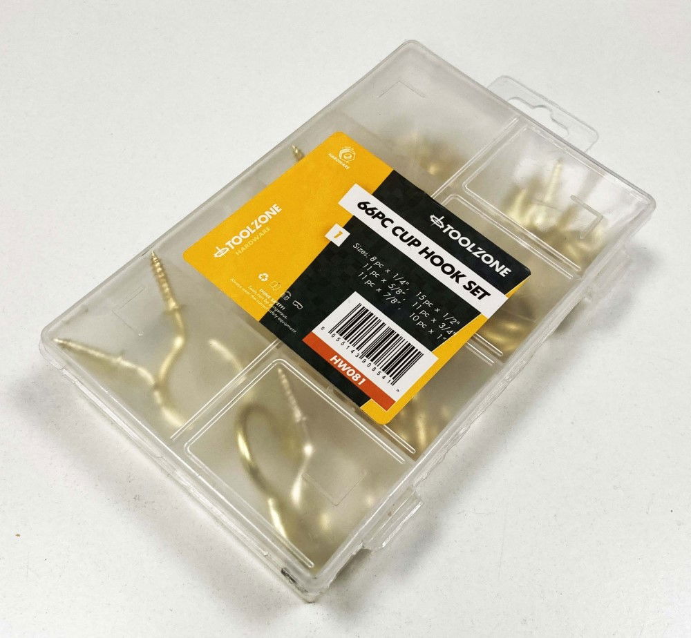 CUP HOOKS ASSORTED SET 66pc BRASS COATED 1/2-1 1/4 - TOOLZONE KDPHW081 thumbnail 2
