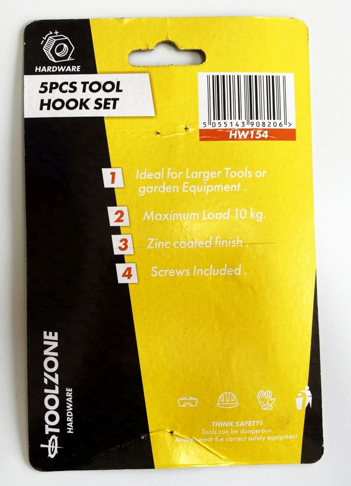 TOOL HOOK SET 5pc 75mm HEIGHT WITH FIXINGS - TOOLZONE KDPHW154 thumbnail 3
