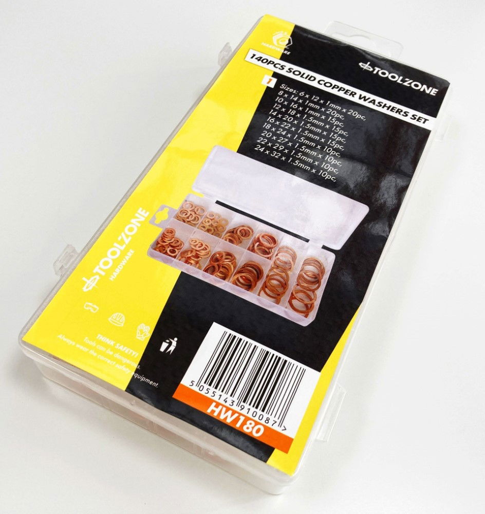 COPPER WASHER ASSORTMENT 140pc SOLID IN STORAGE BOX - TOOLZONE KDPHW180 thumbnail 2