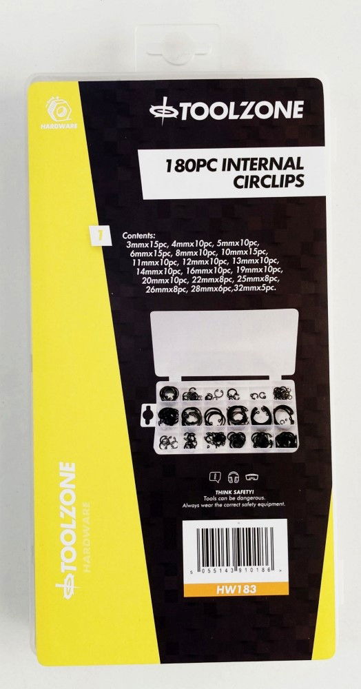 INTERNAL CIRCLIP ASSORTMENT 180pc IN STORAGE BOX - TOOLZONE KDPHW183 thumbnail 2