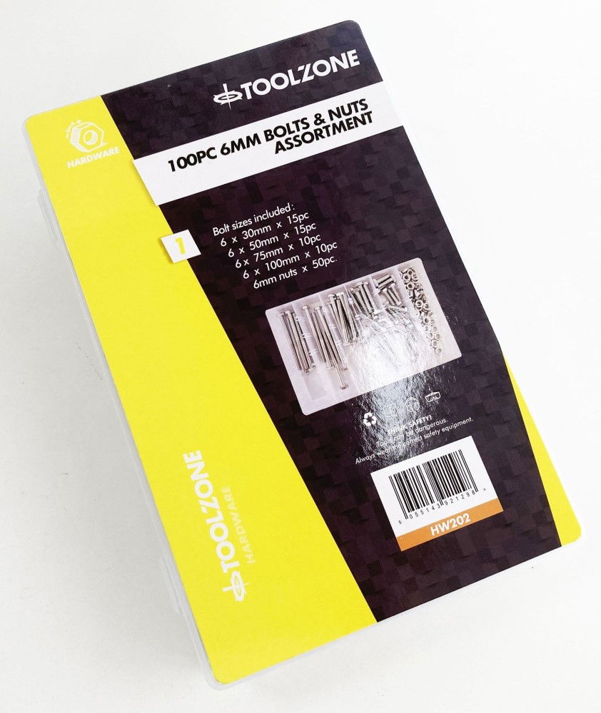 BOLT AND NUT ASSORTMENT M6 100pc IN STORAGE BOX - TOOLZONE KDPHW202 thumbnail 2