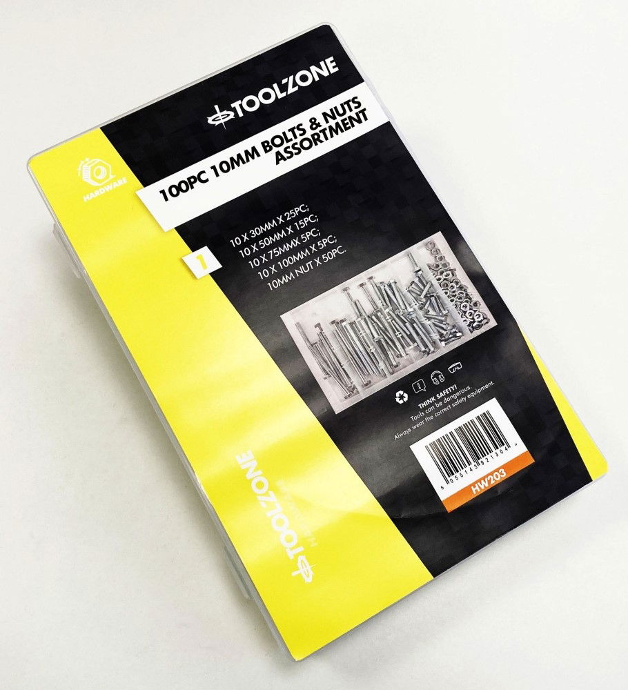 BOLT AND NUT ASSORTMENT M10 100pc IN STORAGE BOX - TOOLZONE KDPHW203 thumbnail 2