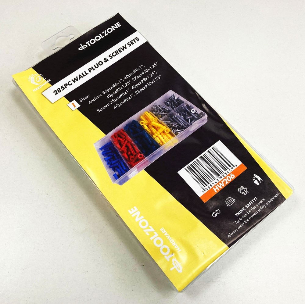 WALL PLUG AND SCREW ASSORTMENT 285pc IN STORAGE BOX - TOOLZONE KDPHW206 thumbnail 2