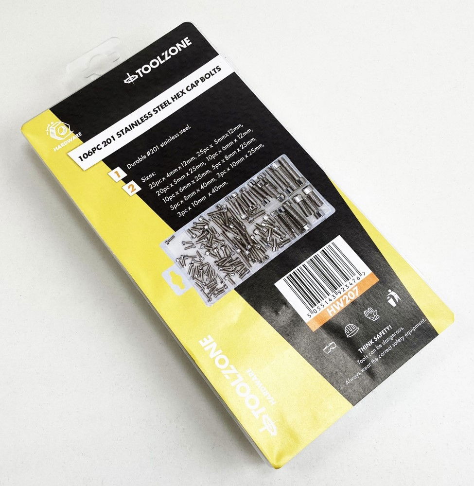 HEX CAP BOLT ASSORTMENT STAINLESS STEEL 201 106pc IN STORAGE BOX - TOOLZONE KDPHW207 thumbnail 2
