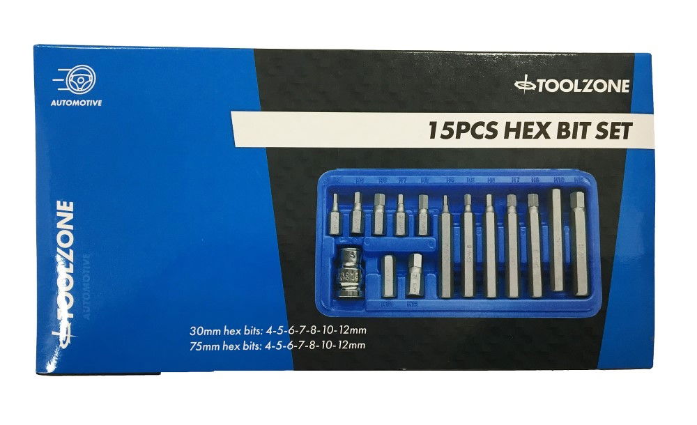 HEX BIT SET METRIC 15pc WITH 1/2 DRIVE ADAPTOR CHROME VANADIUM - TOOLZONE KDPHX036 thumbnail 3
