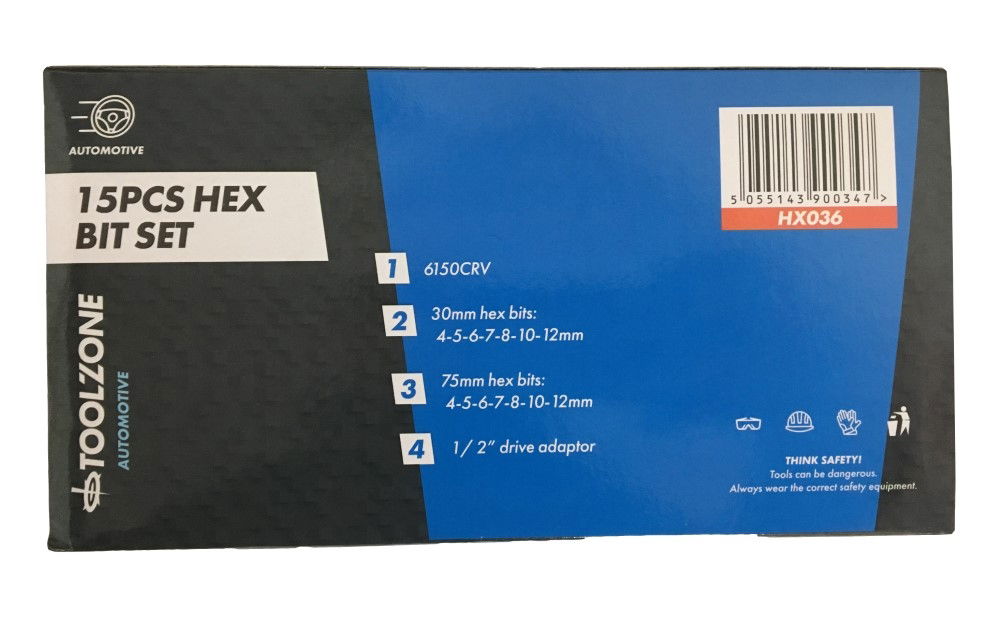 HEX BIT SET METRIC 15pc WITH 1/2 DRIVE ADAPTOR CHROME VANADIUM - TOOLZONE KDPHX036 thumbnail 4