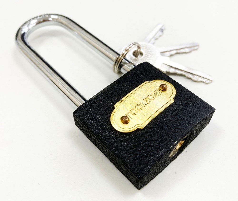 PADLOCK LONG SHANK CAST IRON 38mm 65mm SHACKLE WITH 3 KEYS - TOOLZONE KDPLK031 thumbnail 2