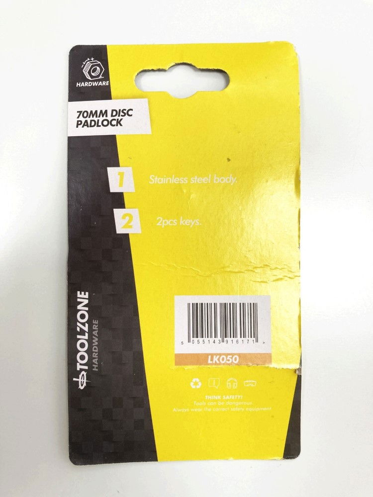 PADLOCK DISC 70mm HARDENED SHACKLE WITH 2 KEYS - TOOLZONE KDPLK050 thumbnail 5