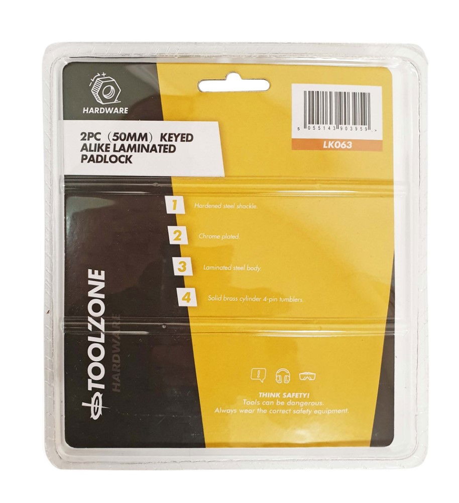PADLOCK LAMINATED 50mm KEYED ALIKE PACK OF 2 - TOOLZONE KDPLK063 thumbnail 2
